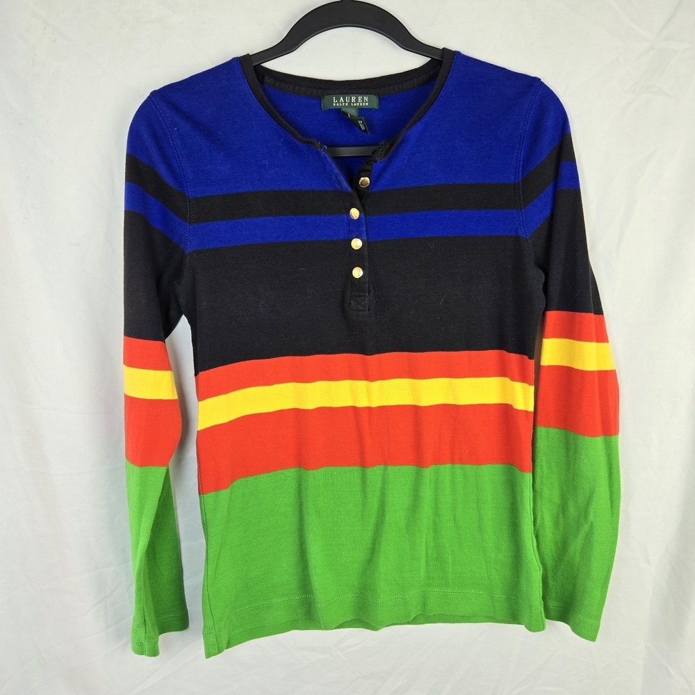 Vintage Lauren Ralph Lauren‎ Cotton Striped Henley Shirt Womens Large Colorful